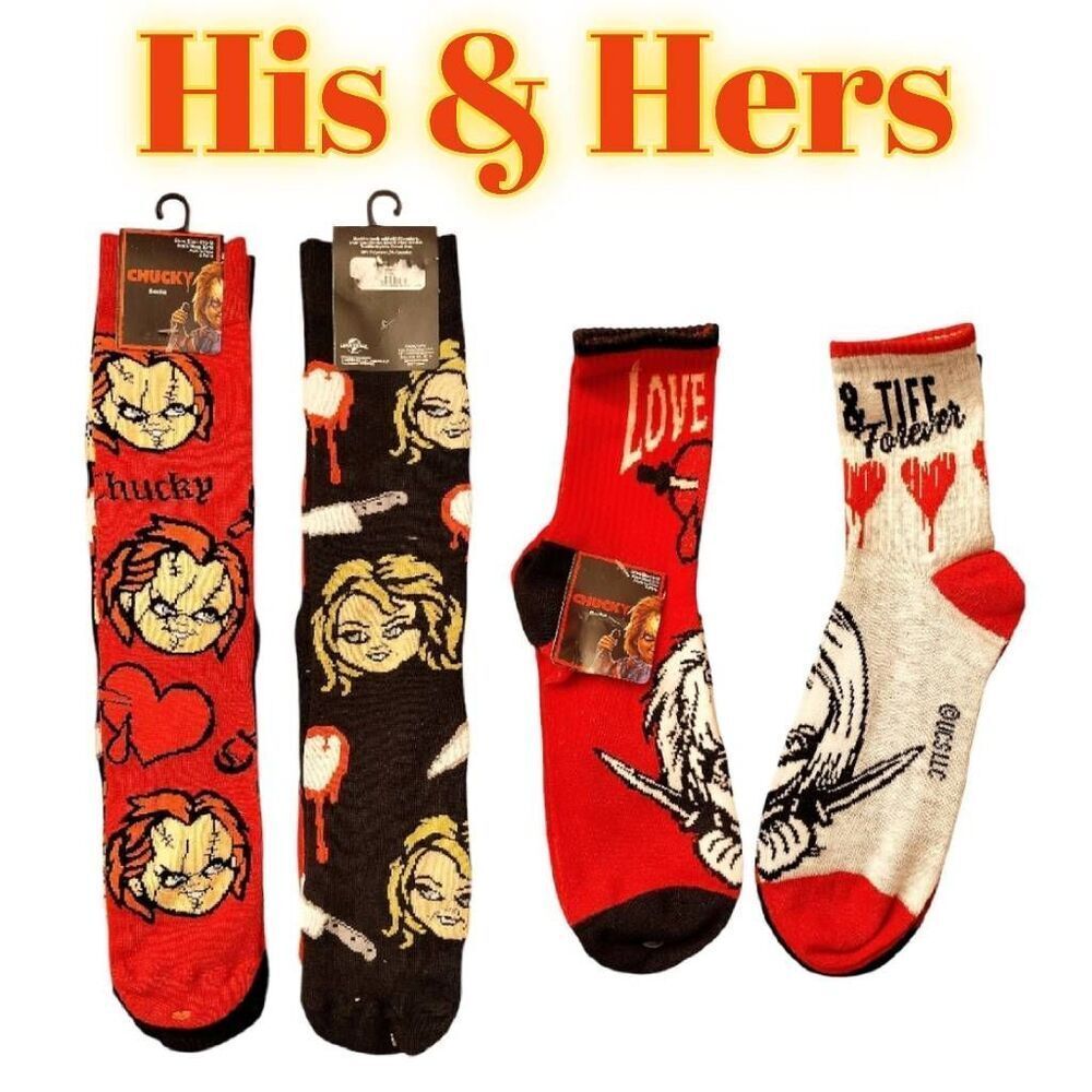 Chucky & Tiffany His & Hers Socks NWT‎ 2 Pairs Mens 2 Pairs Womens Red Black